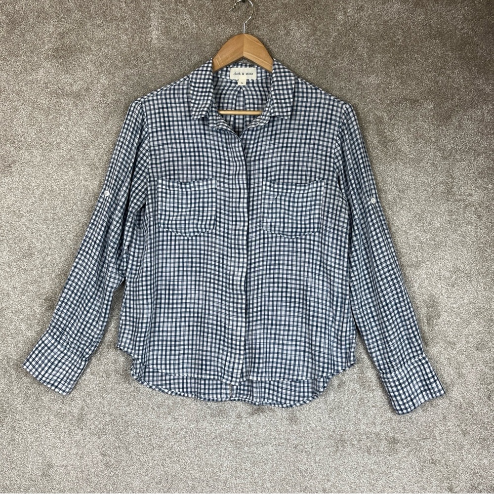 Cloth & Stone Shirt Womens Medium Blue Plaid Rayon Button Long Sleeve- 4053